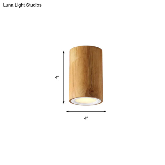 Beige Wood Cylinder Down Light - Asian Inspired Flush Mount For Dining Room