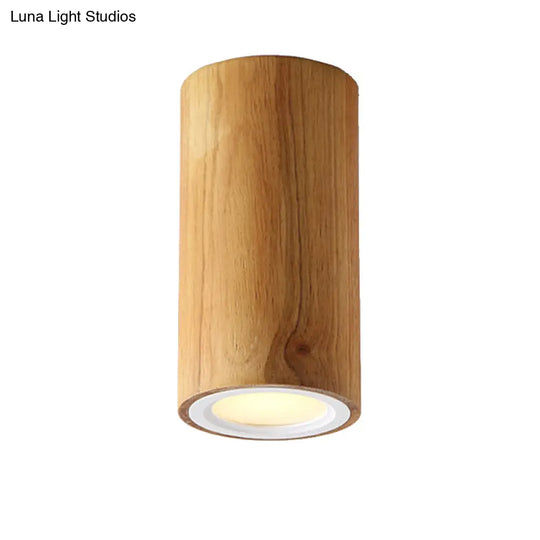 Beige Wood Cylinder Down Light - Asian Inspired Flush Mount For Dining Room