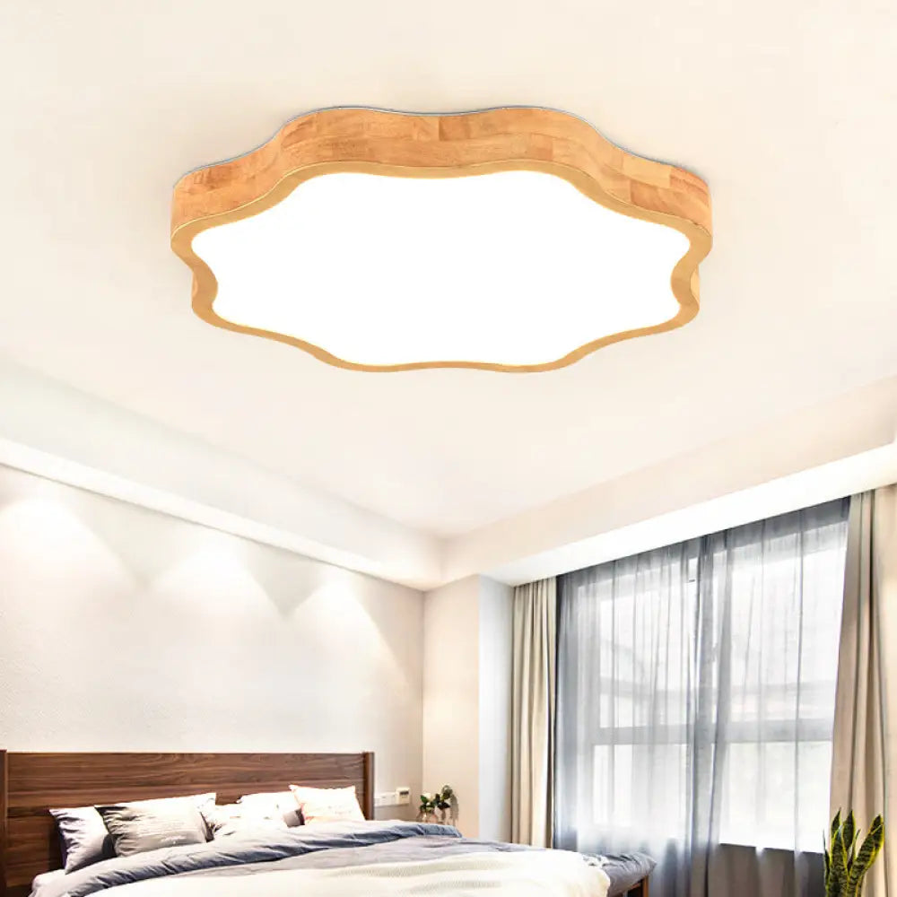 Beige Wood Flower Ceiling Light - Simple Flush Mount Fixture For Dining Room