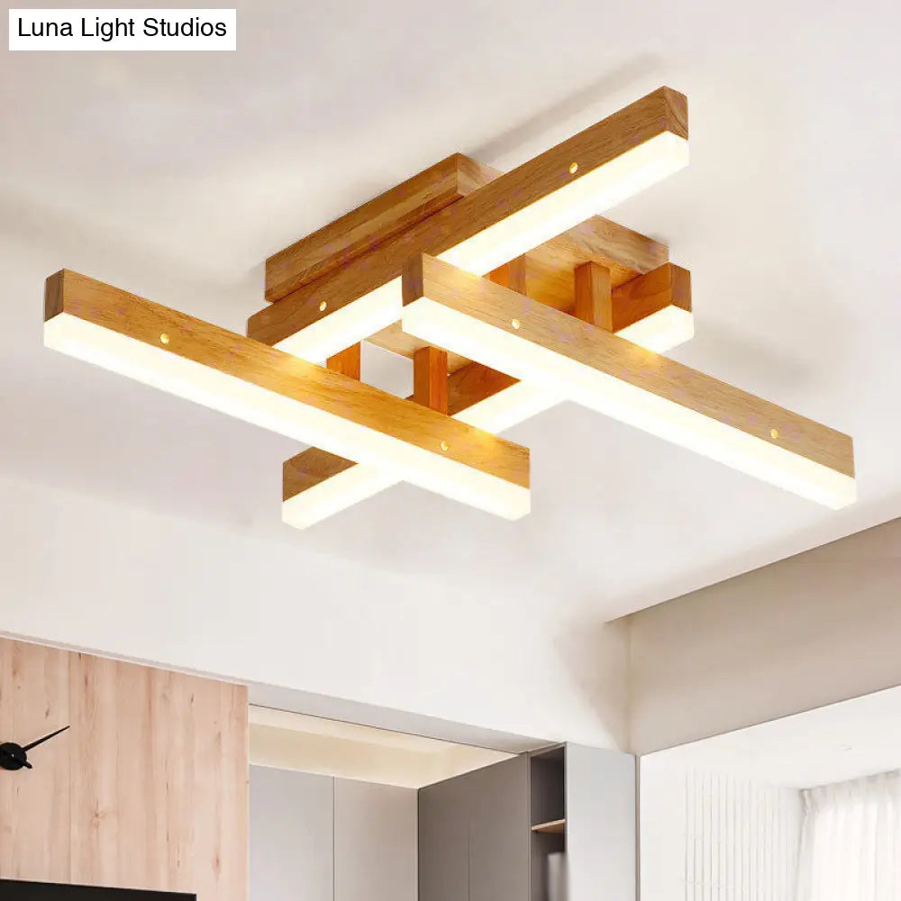 Beige Wooden Rectangular Semi Flush Mount Light Modern Led Ceiling Fixture For Contemporary Living