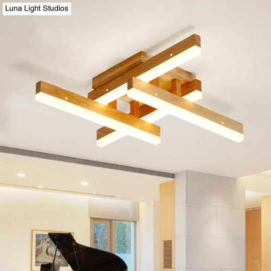 Beige Wooden Rectangular Semi Flush Mount Light Modern Led Ceiling Fixture For Contemporary Living