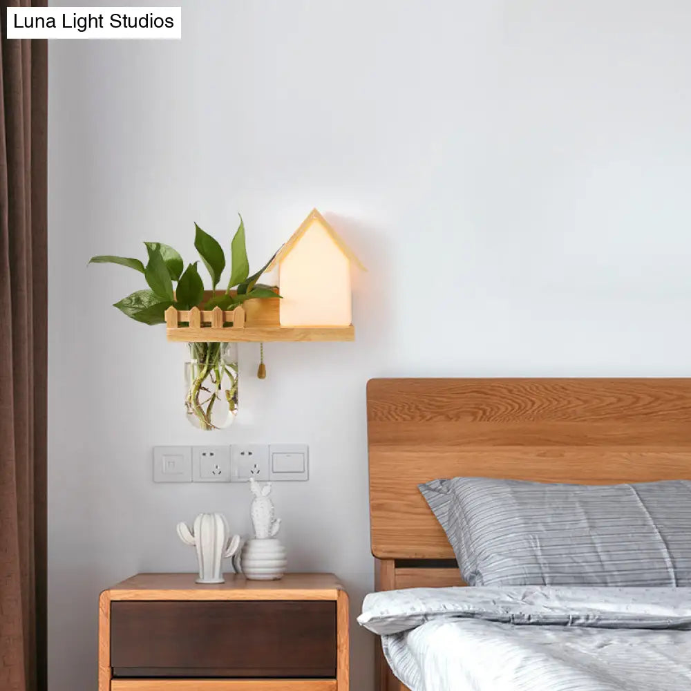 Beige Wooden Sconce Light With Shelf - Small House Wall For Kid Bedroom