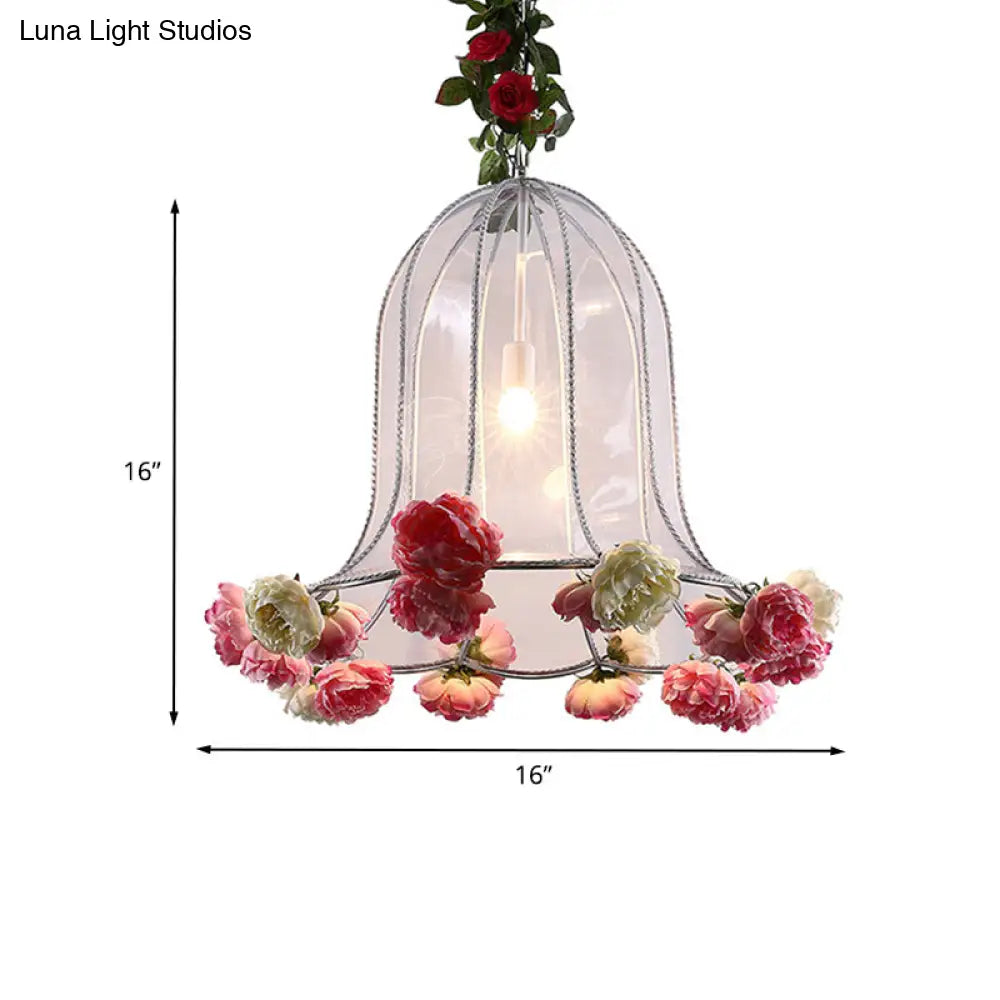 Bell Metallic Pendant Light Kit - Warehouse 1 Bulb Lamp With Artificial Flower Deco For Restaurants