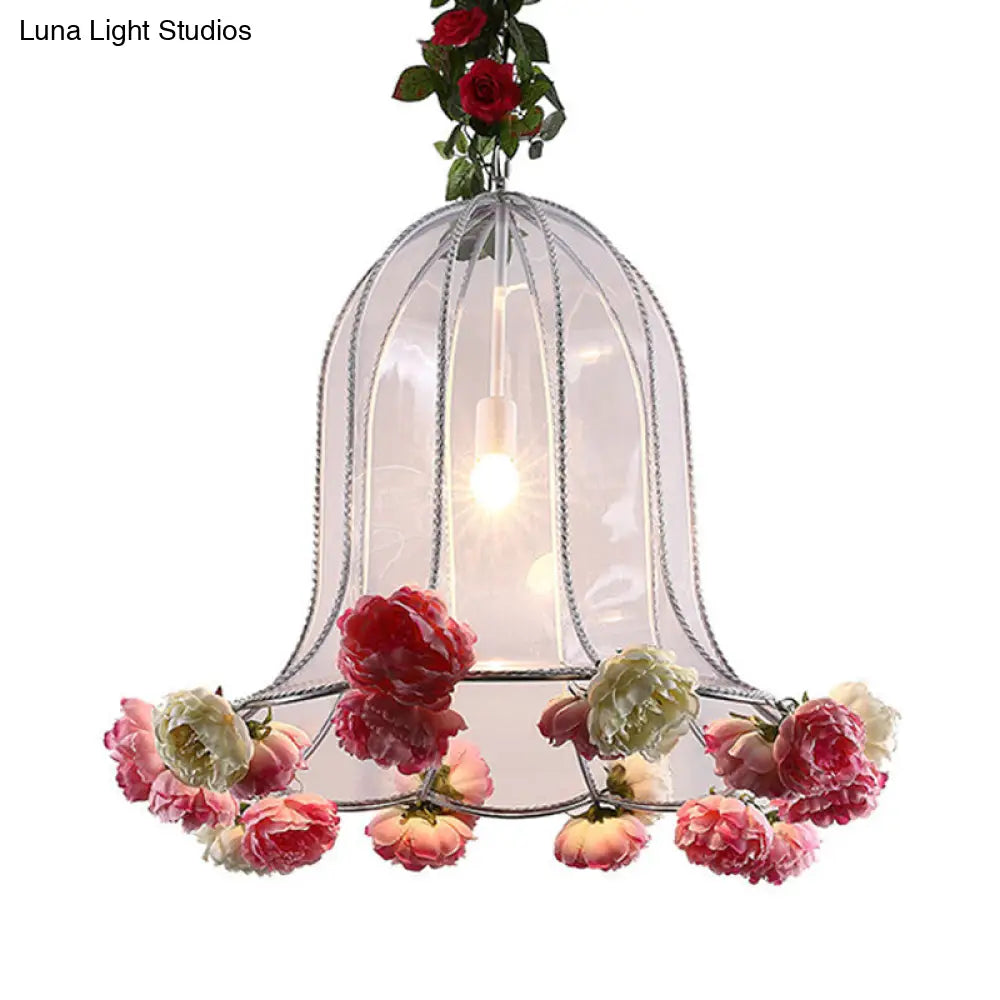 Hanging Metal Bell Warehouse Pendant Light With Artificial Flower Deco - Perfect For Restaurants And