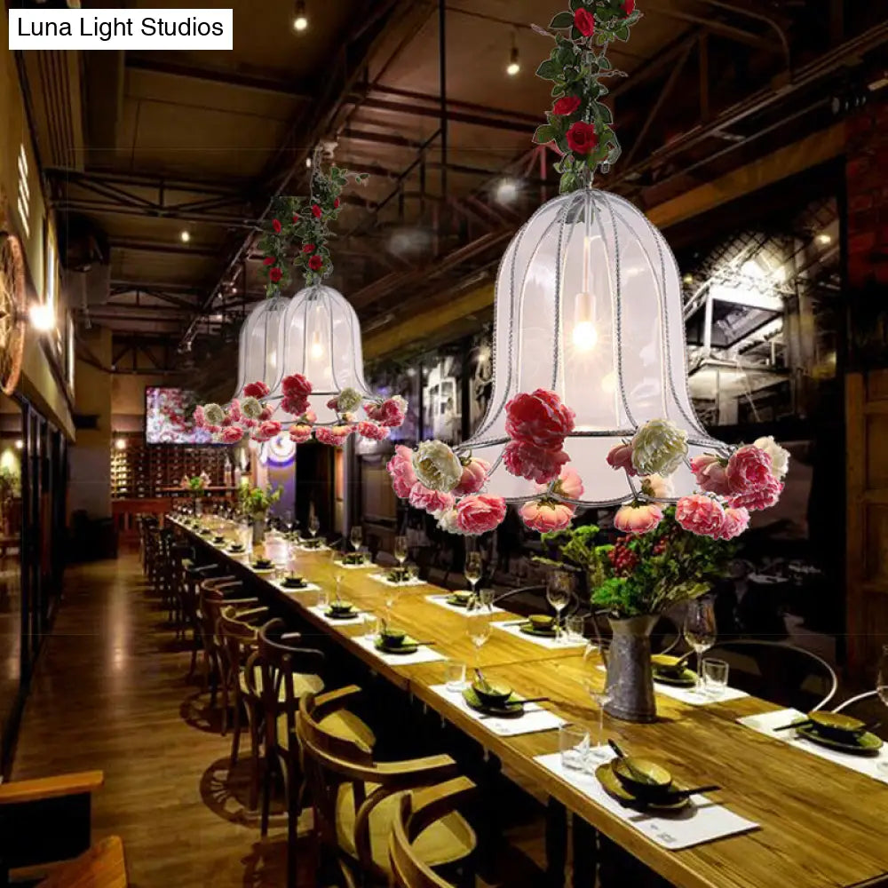 Hanging Metal Bell Warehouse Pendant Light With Artificial Flower Deco - Perfect For Restaurants And