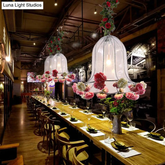 Hanging Metal Bell Warehouse Pendant Light With Artificial Flower Deco - Perfect For Restaurants And