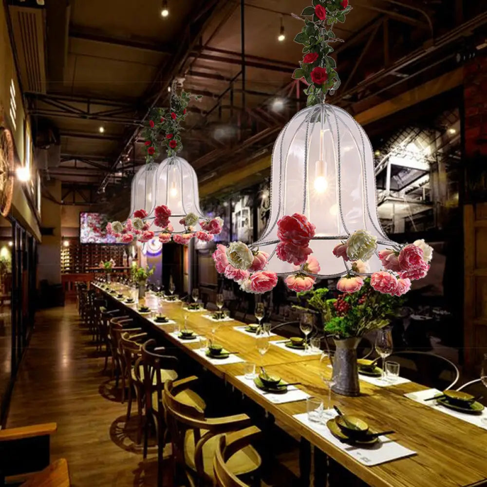 Bell Metallic Pendant Light Kit - Warehouse 1 Bulb Lamp With Artificial Flower Deco For Restaurants