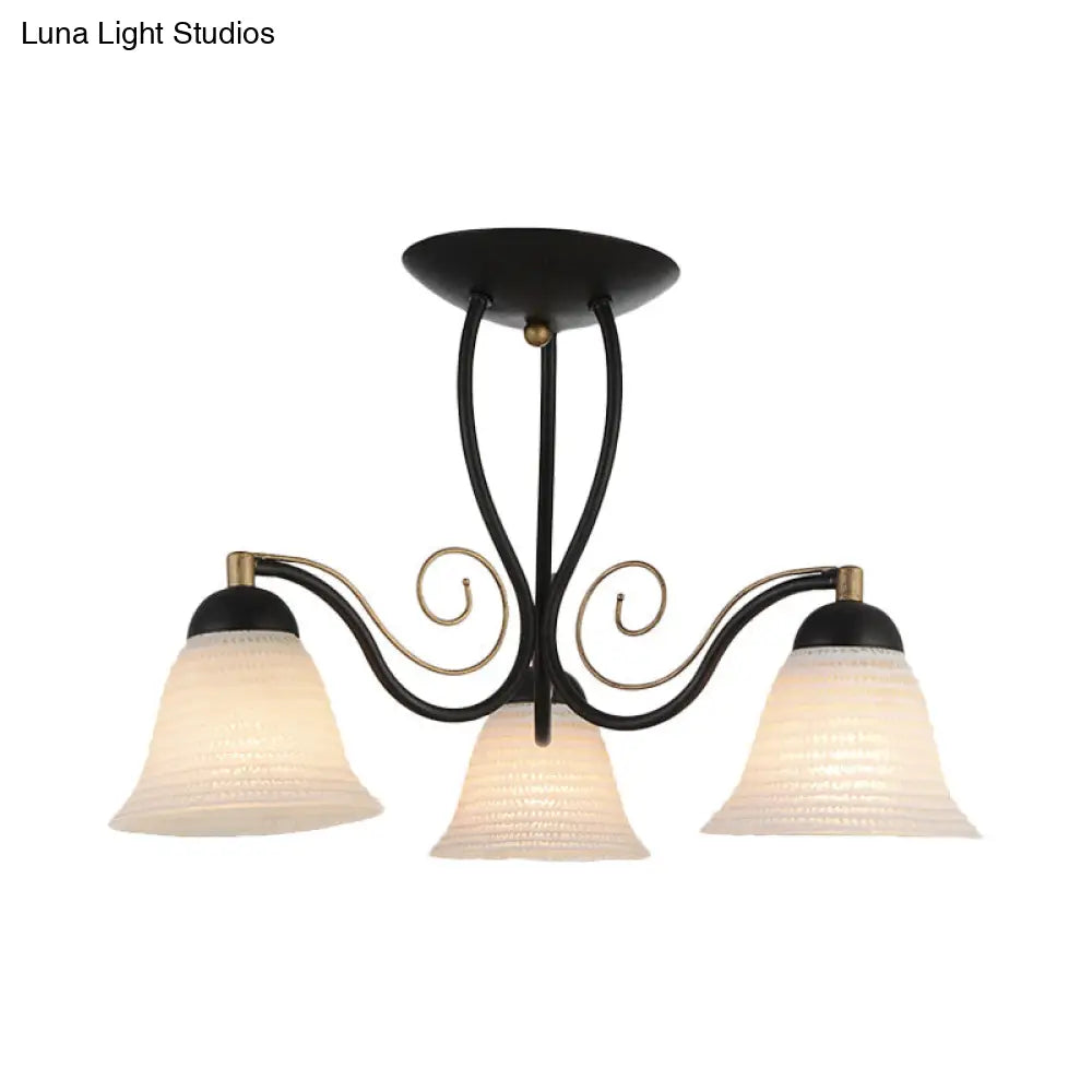 Bell Rustic Opal Glass Ceiling Light Fixture - Semi Flush Mount 3 Heads Black For Bedroom