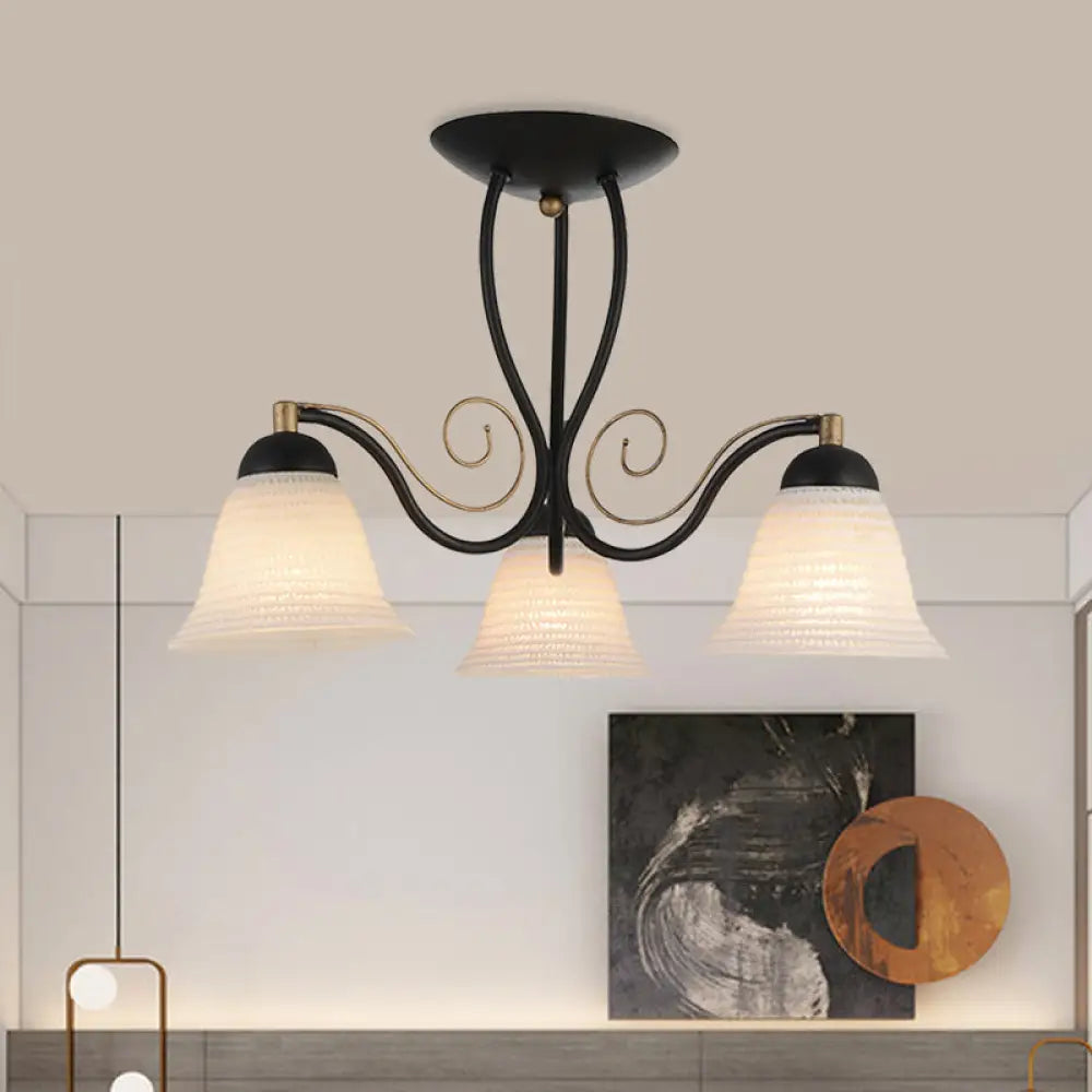 Bell Rustic Opal Glass Ceiling Light Fixture - Semi Flush Mount 3 Heads Black For Bedroom