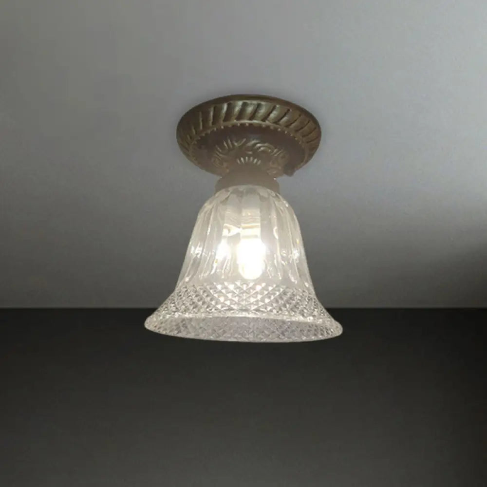 Bell Shape Ceiling Lighting - Farmhouse Black Flush Mount Fixture With Clear Prismatic Glass