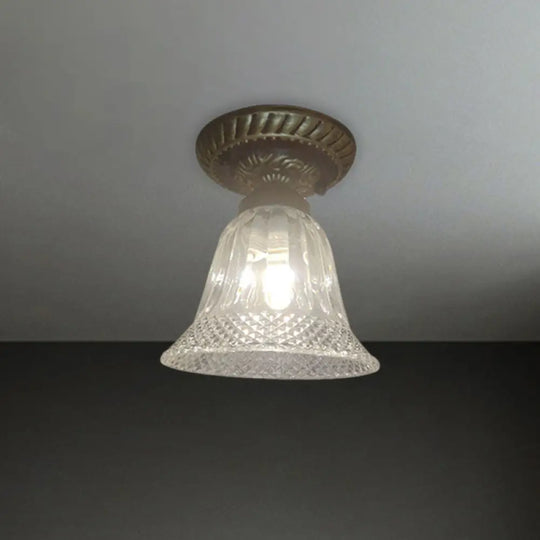 Bell Shape Ceiling Lighting - Farmhouse Black Flush Mount Fixture With Clear Prismatic Glass