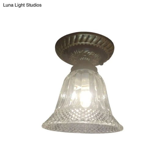 Bell Shape Ceiling Lighting - Farmhouse Black Flush Mount Fixture With Clear Prismatic Glass