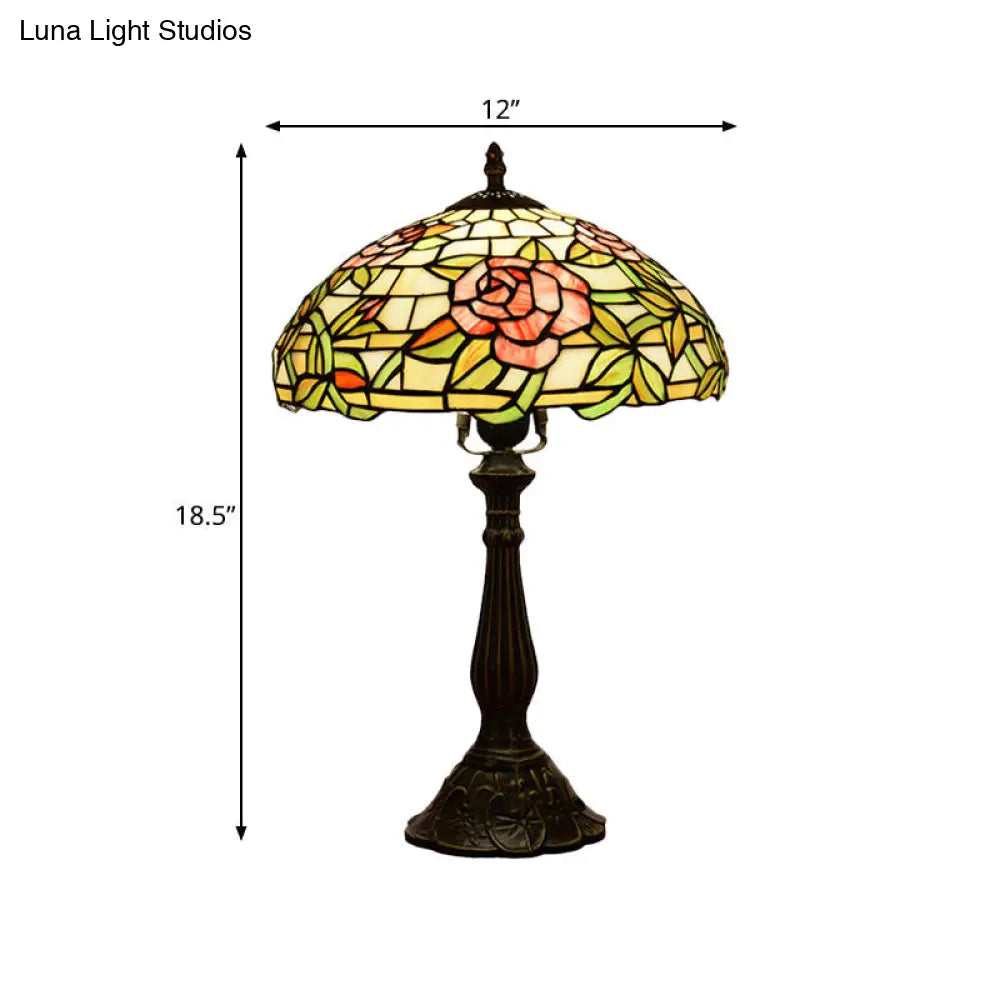 Tiffany Stained Glass Nightstand Lamp With Rose Pattern - Single-Bulb Table Lighting