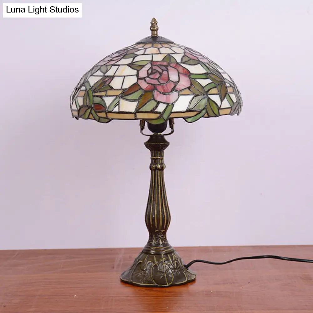 Tiffany Stained Glass Nightstand Lamp With Rose Pattern - Single-Bulb Table Lighting Bronze