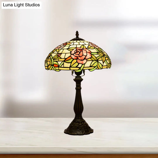 Tiffany Stained Glass Nightstand Lamp With Rose Pattern - Single-Bulb Table Lighting