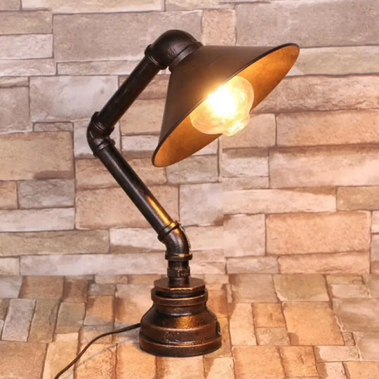 Bent Arm Industrial 1-Light Bedside Table Lamp - Conical Iron Bronze Finish