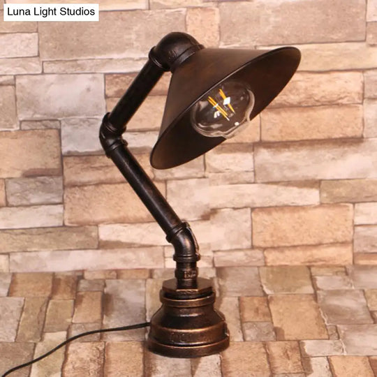 Bent Arm Industrial 1-Light Bedside Table Lamp - Conical Iron Bronze Finish