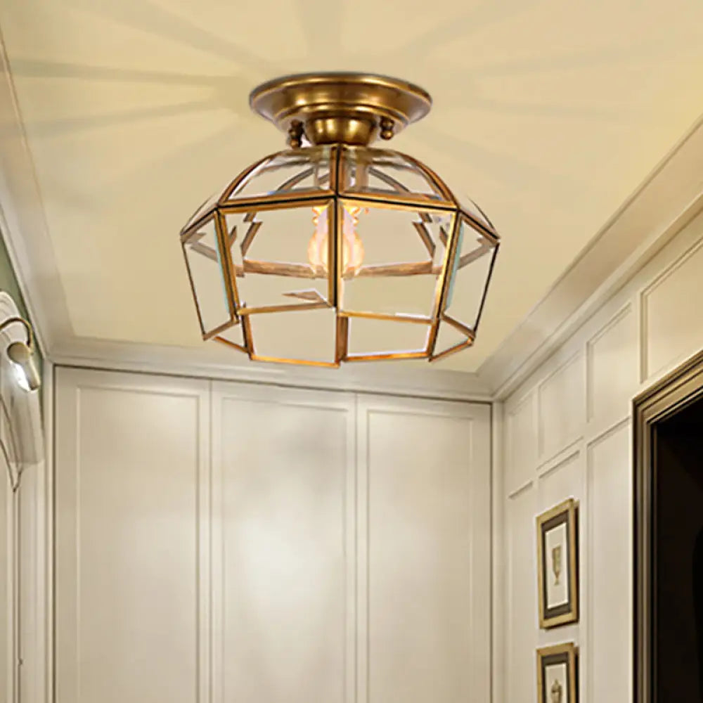 Beveled Colonial Ceiling Flush Mount Light Fixture - 1 Bulb Clear Glass Brass