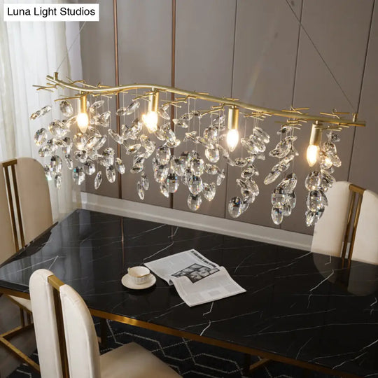 Beveled Crystal Chandelier: Country Brass Finish With Leaf Design Elegant Hanging Lamp For Living