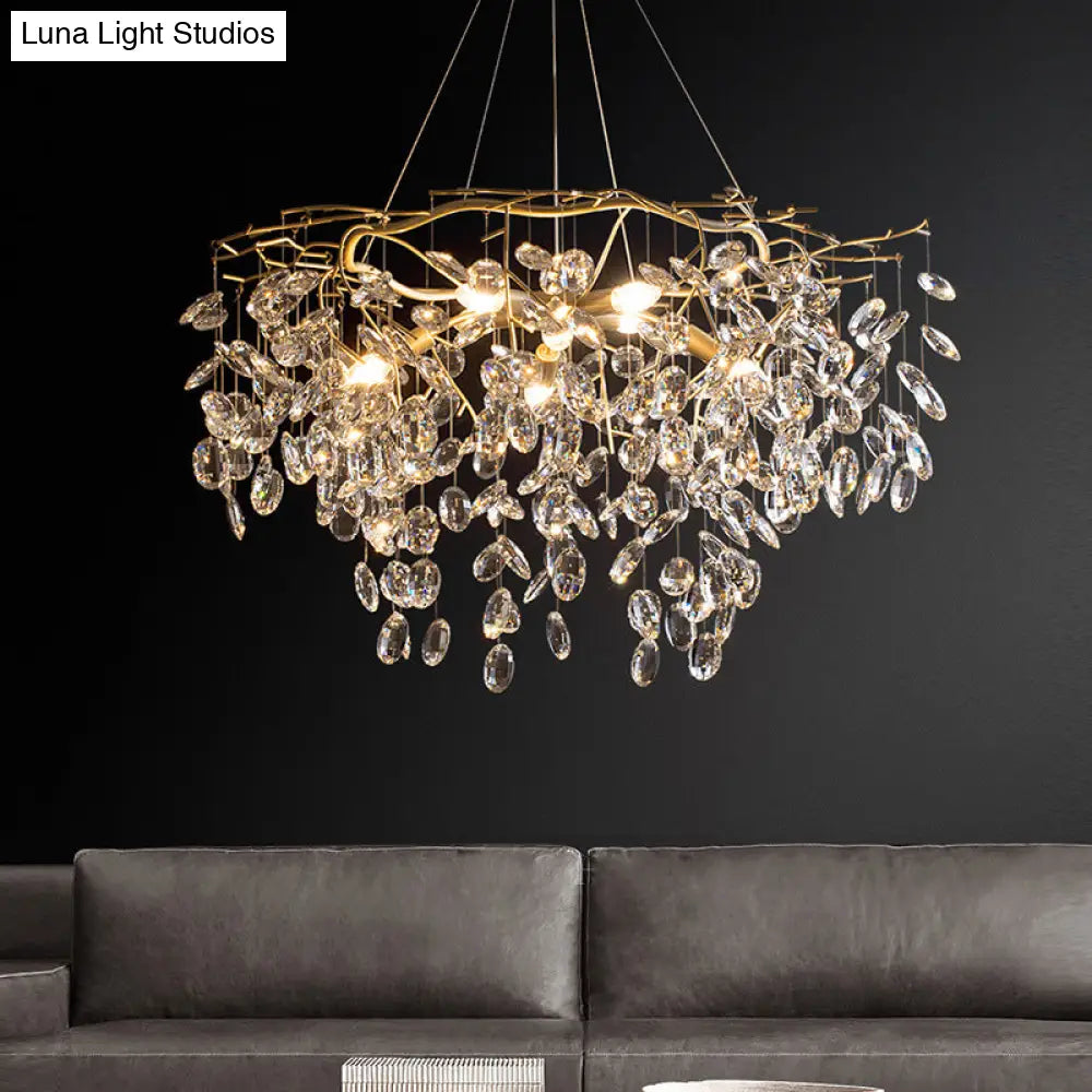 Beveled Crystal Chandelier: Country Brass Finish With Leaf Design Elegant Hanging Lamp For Living