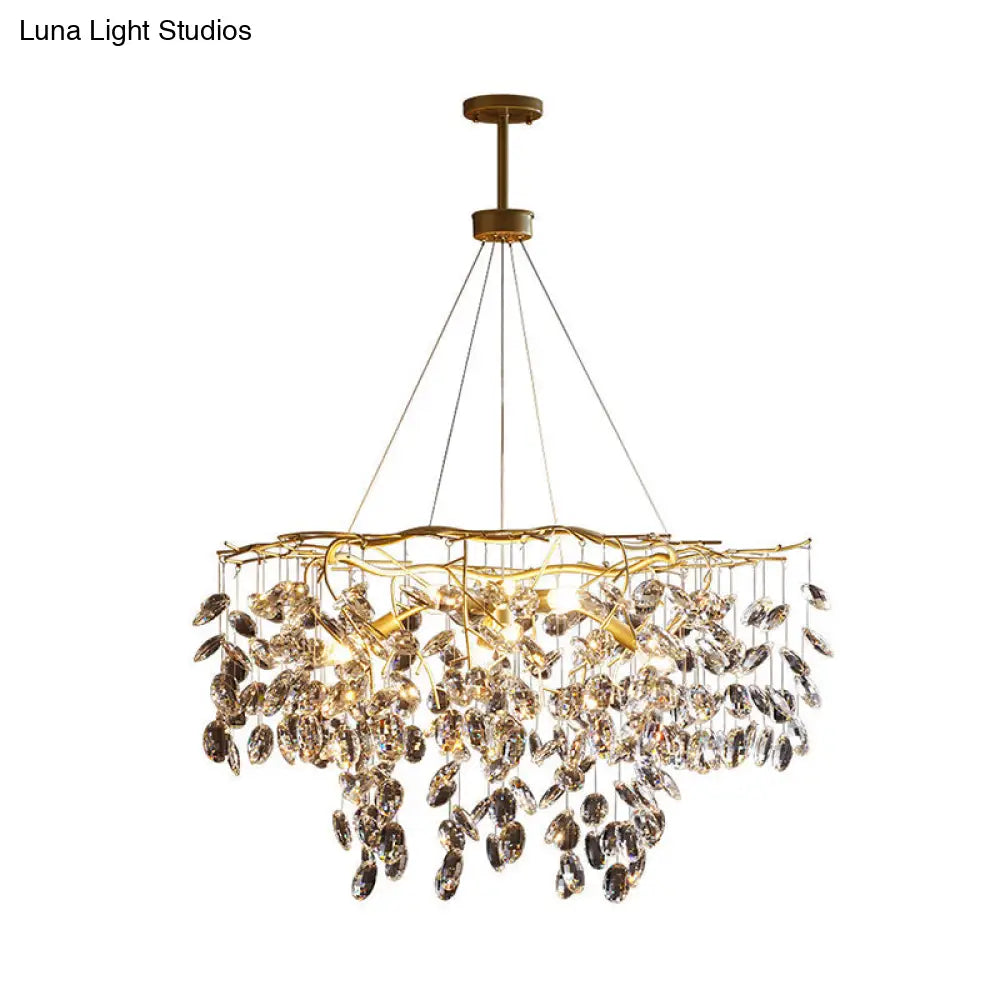 Beveled Crystal Chandelier: Country Brass Finish With Leaf Design Elegant Hanging Lamp For Living