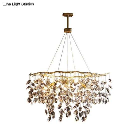 Beveled Crystal Chandelier: Country Brass Finish With Leaf Design Elegant Hanging Lamp For Living