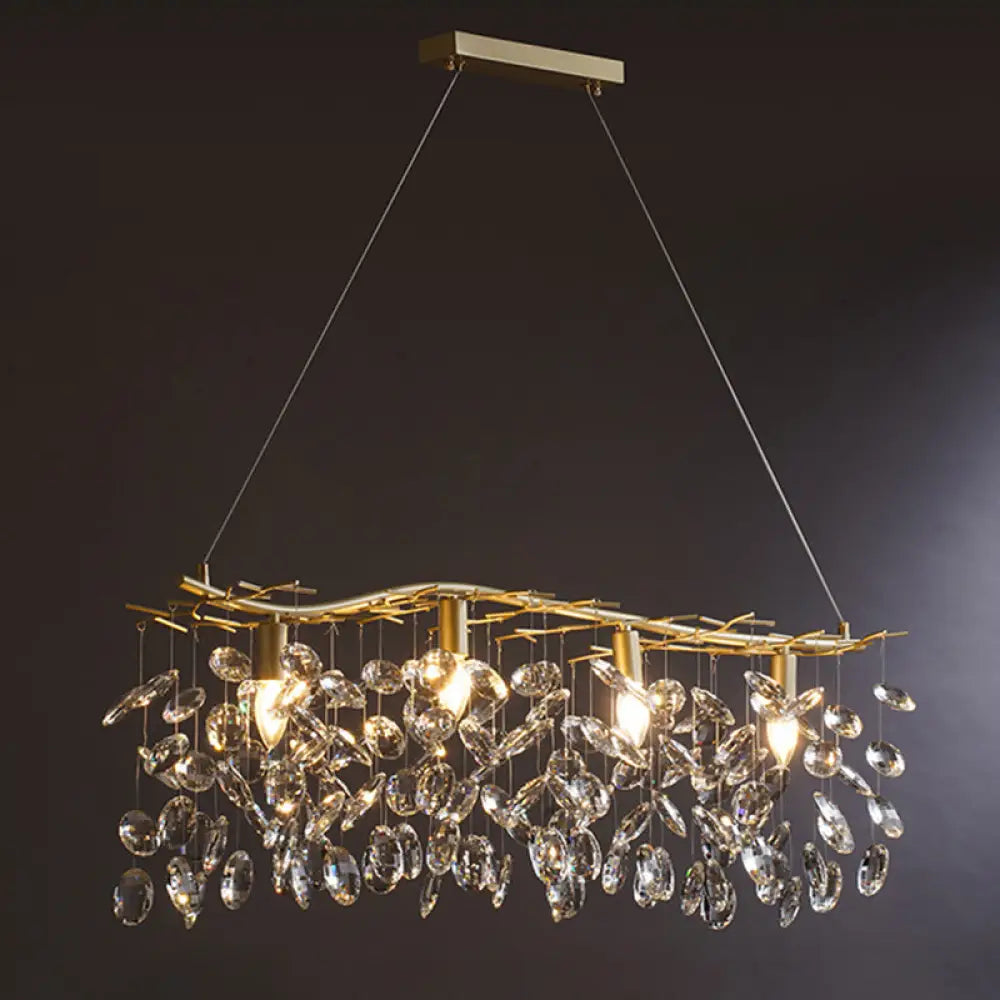 Beveled Crystal Chandelier: Country Brass Finish With Leaf Design Elegant Hanging Lamp For Living