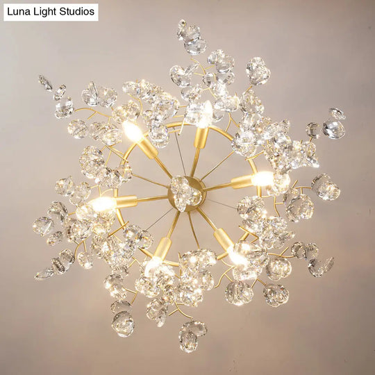 Beveled Crystal Chandelier: Country Brass Finish With Leaf Design Elegant Hanging Lamp For Living