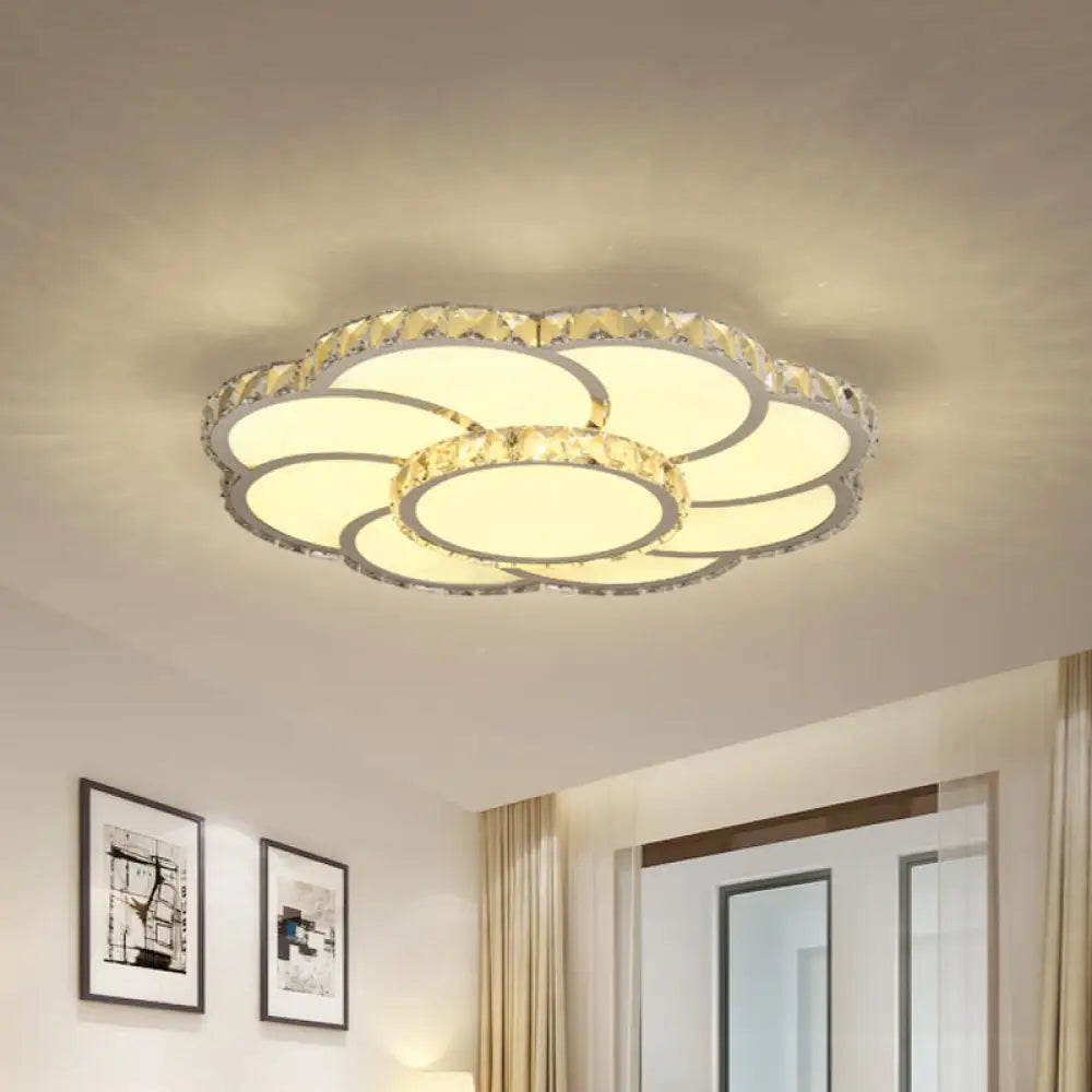 Beveled Crystal Floral Ceiling Flush Mount Lamp In Chrome With Warm/White Light - 18’/23.5’