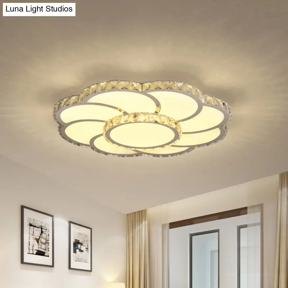Beveled Crystal Floral Ceiling Flush Mount Lamp In Chrome With Warm/White Light - 18/23.5 Wide / 18