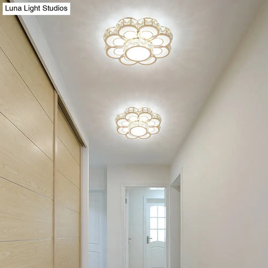 Beveled Crystal Flower Ceiling Light: Simple Led Flush Mount Fixture - 10’/12’ Width Gold