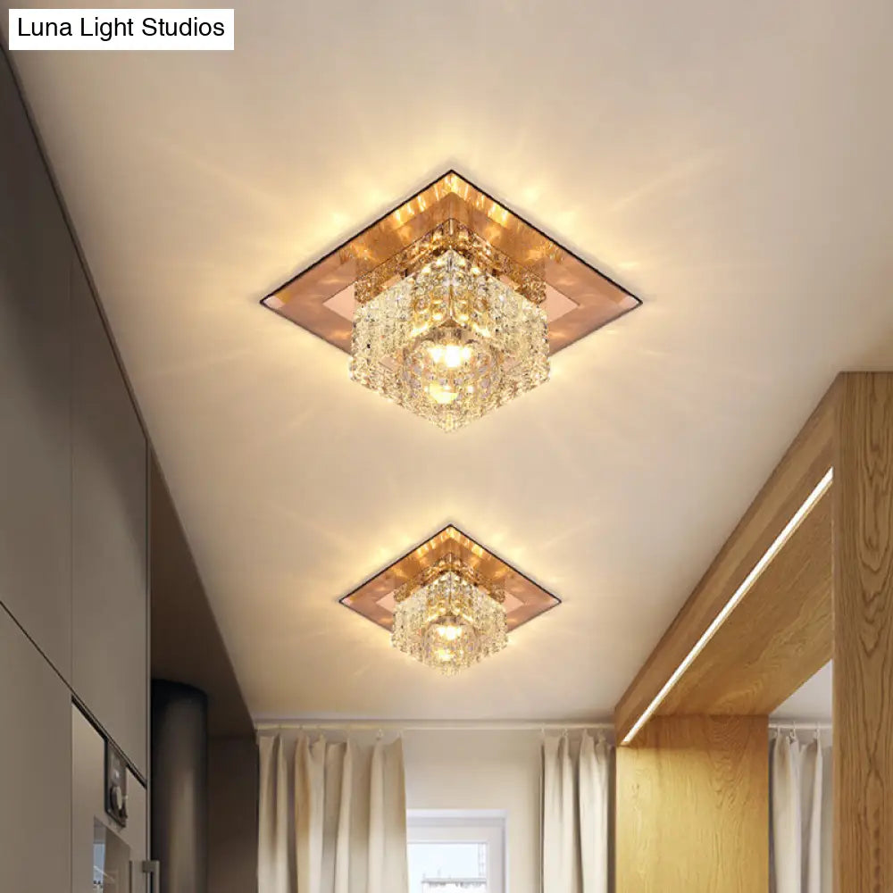 Beveled Crystal Led Flush Mount Ceiling Light Fixture - Simplicity Cubic Design For Corridors Tan /