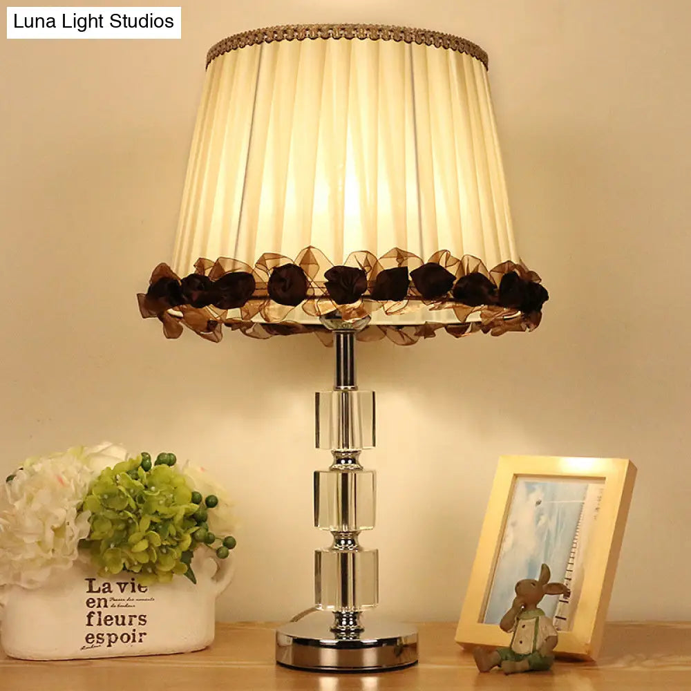 Beveled Crystal Nightstand Lamp - Minimalistic Barrel Design 1 Bulb Beige With Braided Trim