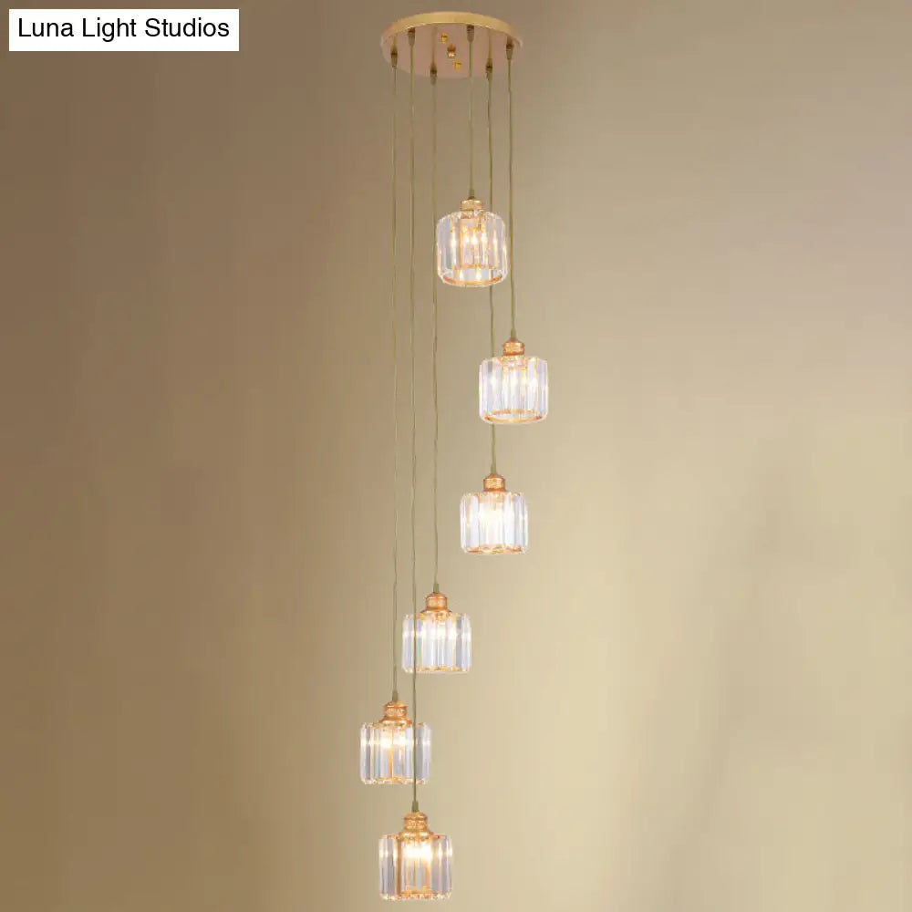 Hanging Light Drum Pendant Fixture With Beveled Crystal Shade - Nordic Style