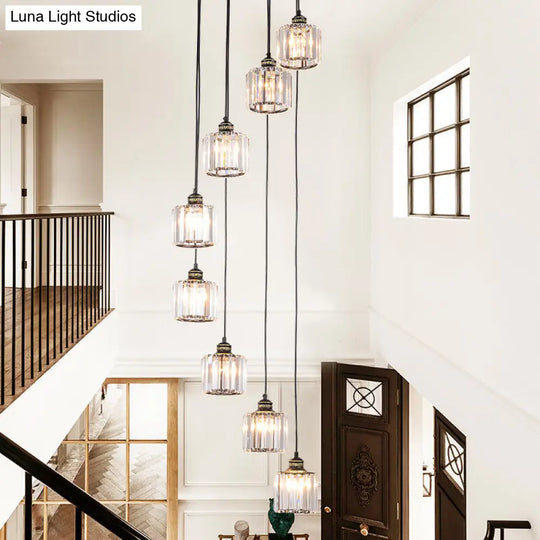 Hanging Light Drum Pendant Fixture With Beveled Crystal Shade - Nordic Style