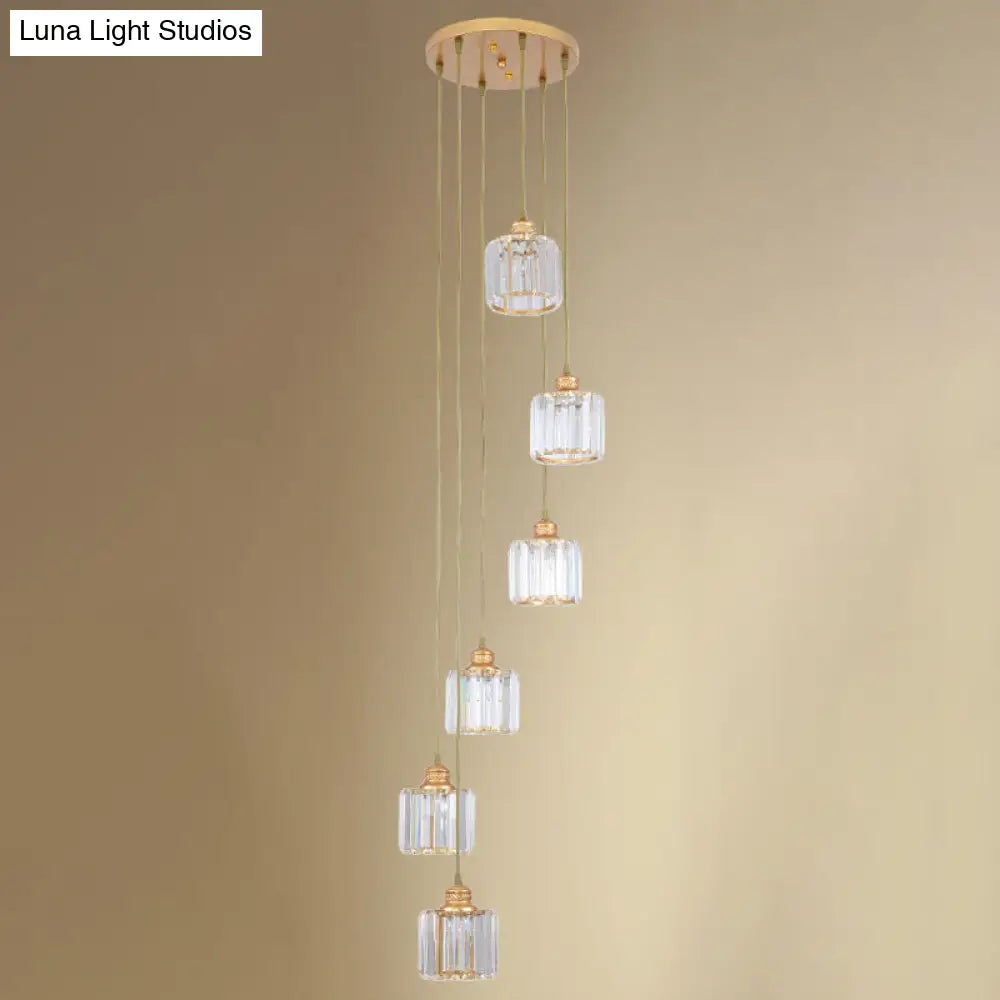 Hanging Light Drum Pendant Fixture With Beveled Crystal Shade - Nordic Style