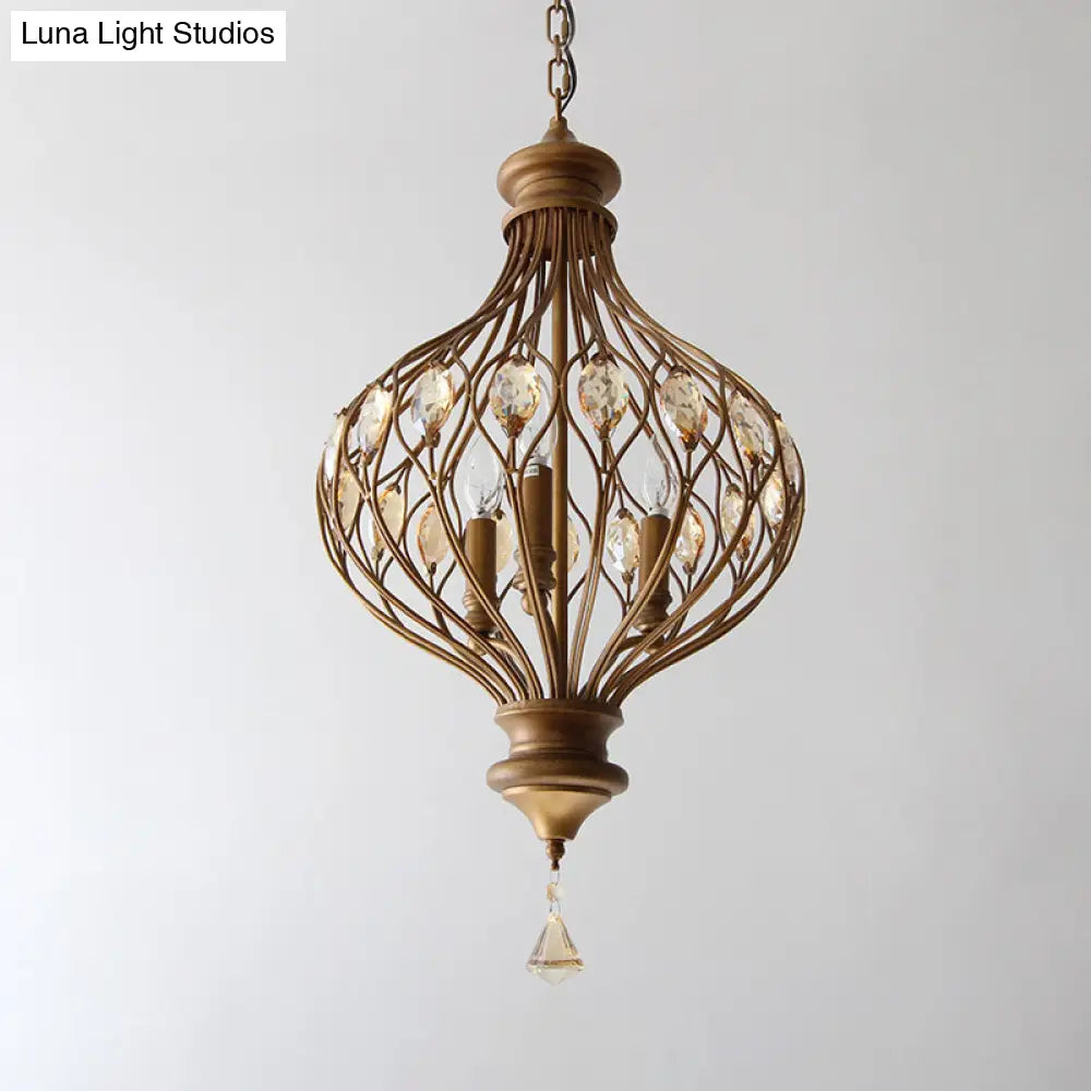 Beveled Glass Crystal Lantern Chandelier - Contemporary 3-Light Pendant Light In Bronze For Living