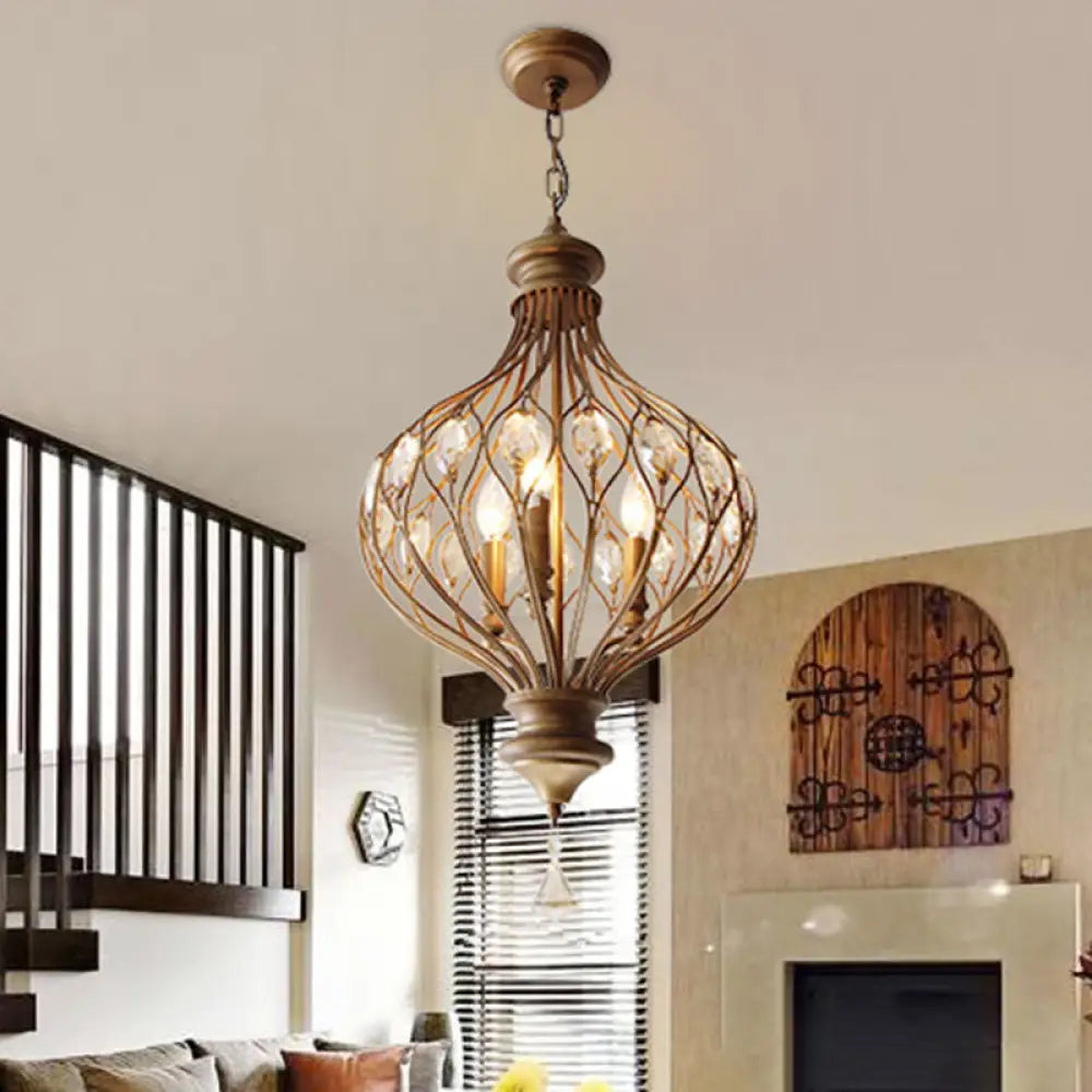 Beveled Glass Crystal Lantern Chandelier - Contemporary 3-Light Pendant Light In Bronze For Living