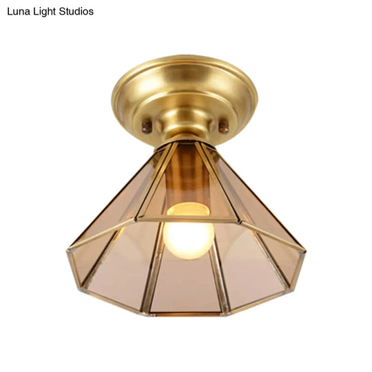 Beveled Glass Flush Mount Ceiling Light With Colonial Brass Cone Design