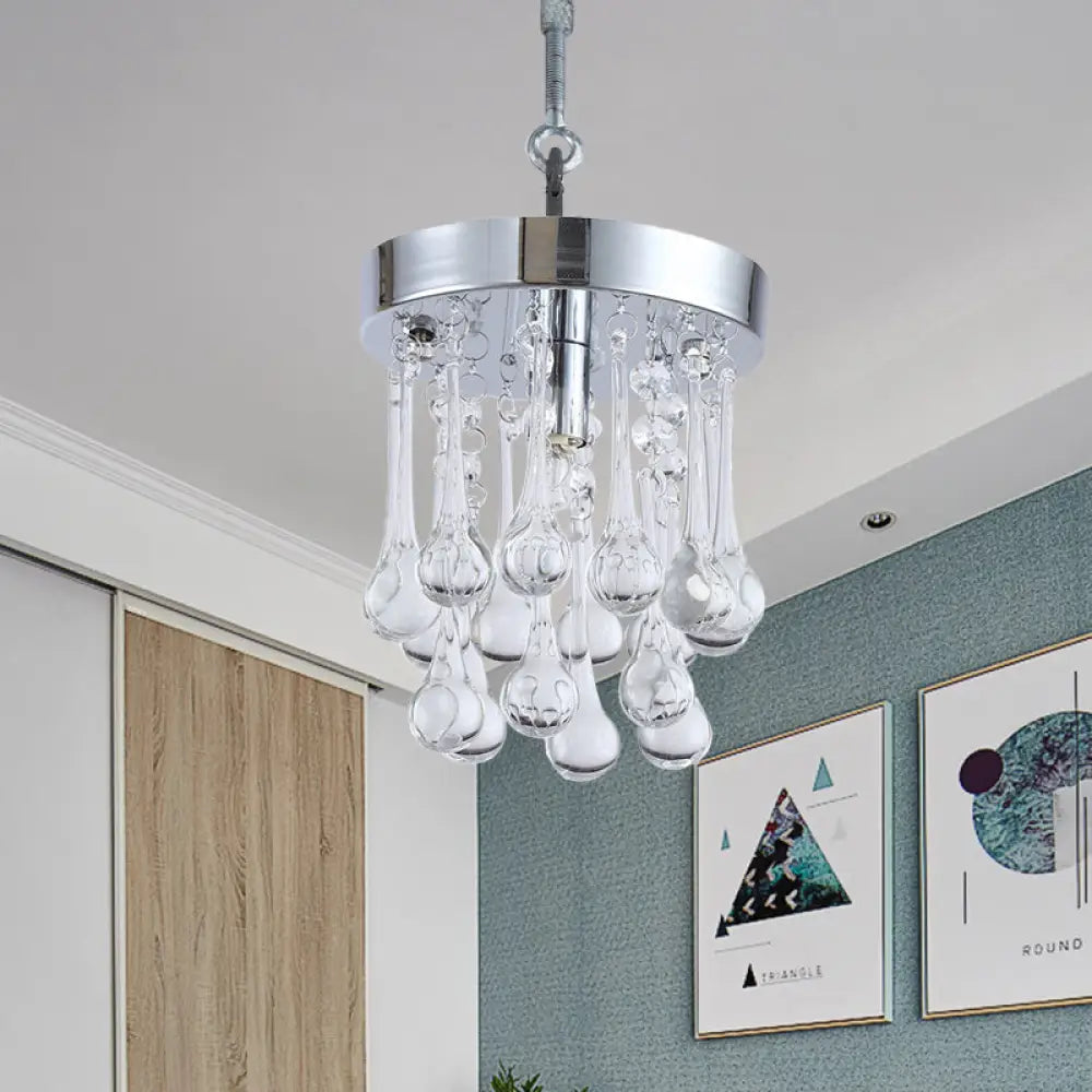 Beveled K9 Crystal Ceiling Light With Raindrop Design: Modern 1-Light Guest Room Pendant In Chrome