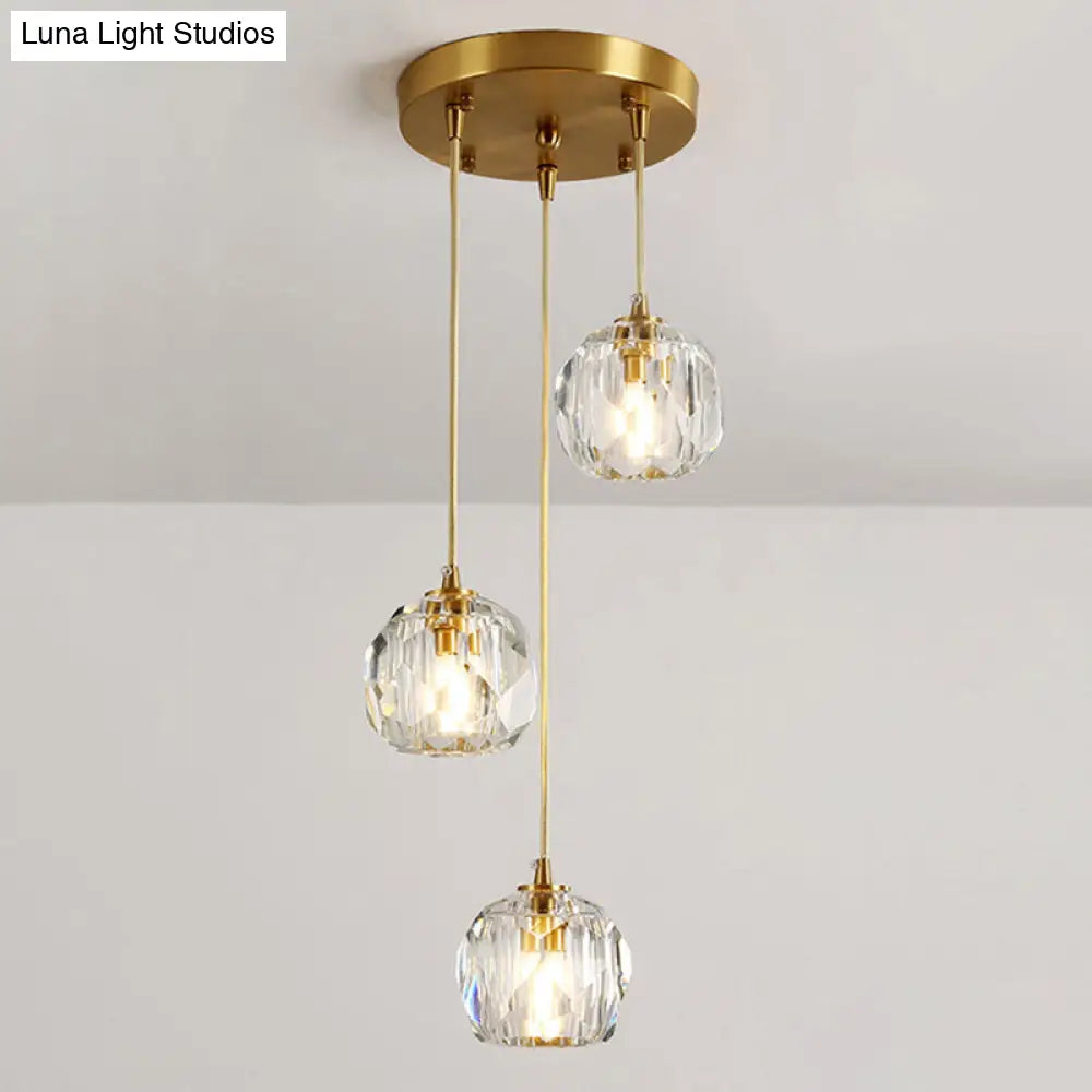 Simplicity Brass Finish Multi Pendant Ceiling Light With Beveled K9 Crystal Suspension