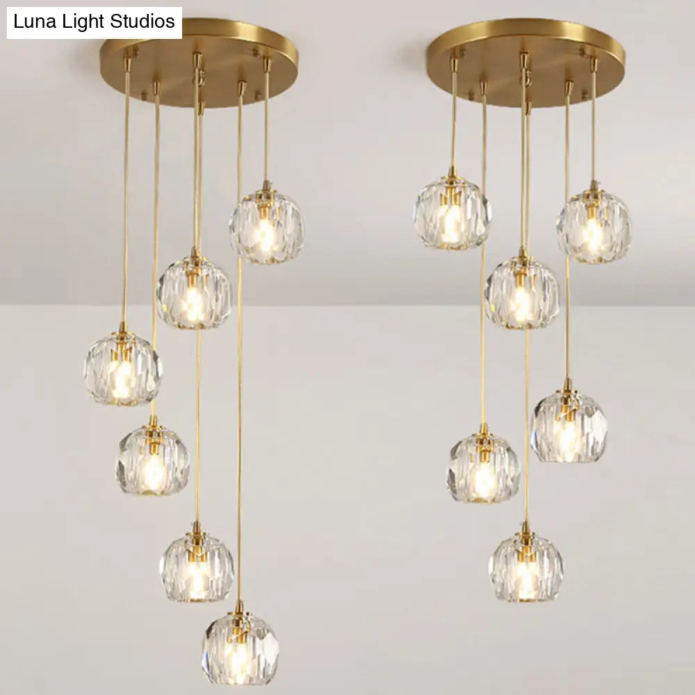 Simplicity Brass Finish Multi Pendant Ceiling Light With Beveled K9 Crystal Suspension