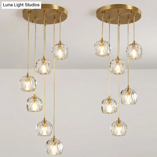 Simplicity Brass Finish Multi Pendant Ceiling Light With Beveled K9 Crystal Suspension