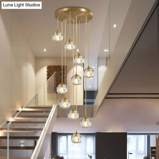 Simplicity Brass Finish Multi Pendant Ceiling Light With Beveled K9 Crystal Suspension 10 /