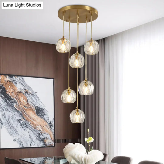 Simplicity Brass Finish Multi Pendant Ceiling Light With Beveled K9 Crystal Suspension
