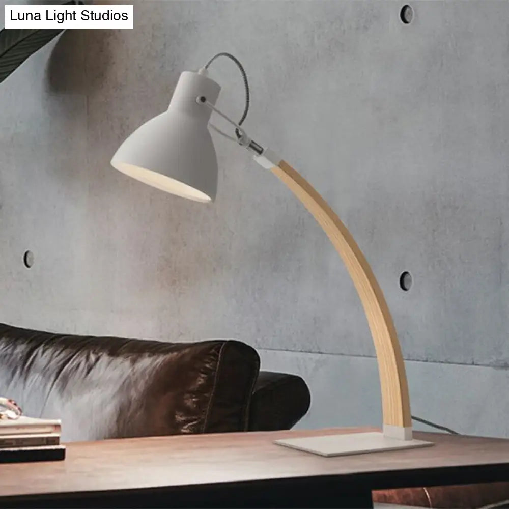 Simple Black/White Wood Study Room Desk Lighting With Metallic Dome Shade 1-Light Reading Light