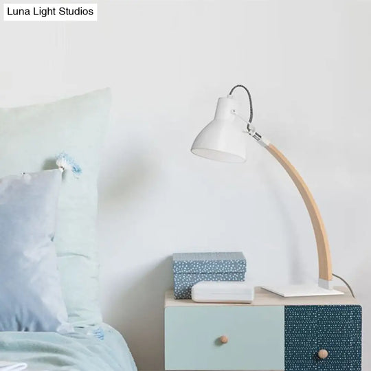 Simple Black/White Wood Study Room Desk Lighting With Metallic Dome Shade 1-Light Reading Light