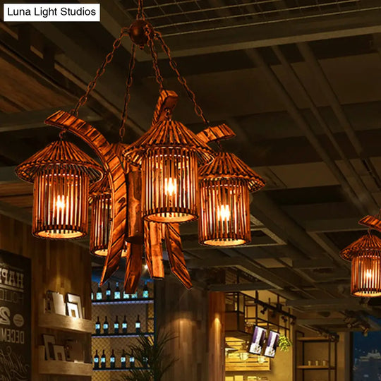 Bianca - Rustic Chandelier Light: 4-Lights Wood Lantern Pendant For Dining Room