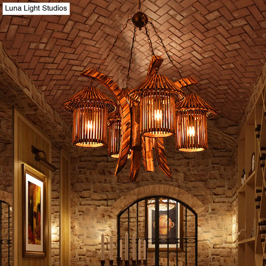 Bianca - Rustic Chandelier Light: 4-Lights Wood Lantern Pendant For Dining Room Brown