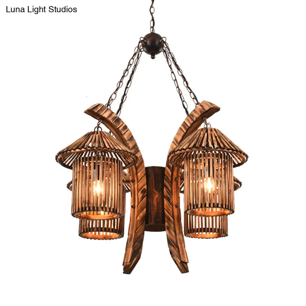 Bianca - Rustic Chandelier Light: 4-Lights Wood Lantern Pendant For Dining Room